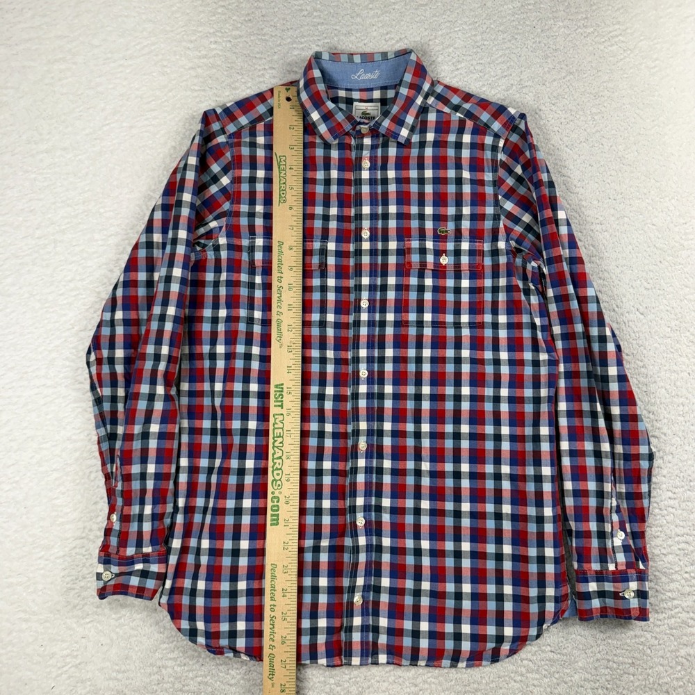 Lacoste Boys Button Up Red Blue Plaid Size 14 Premium Dress Shirt Long Sleeve - Picture 2 of 7